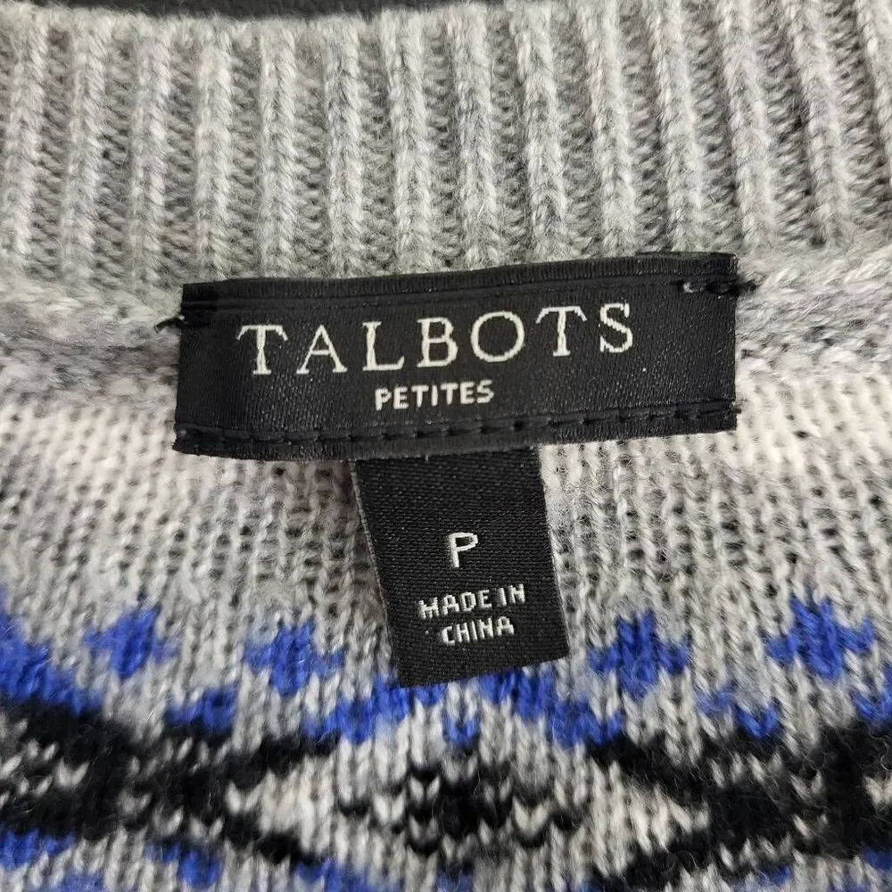 Talbots Womens Lambswool Fair Isle Cardigan Sweater XS Petite Gray Nordic Cozy